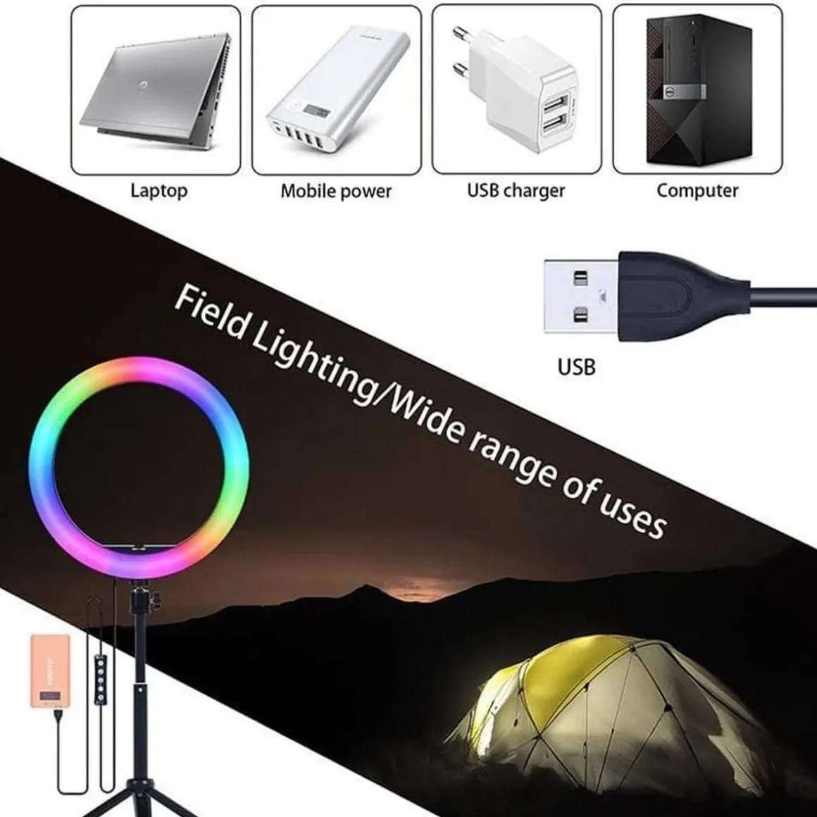 Aro de luz 26 cm Led 9 colores con trípode 210 cm