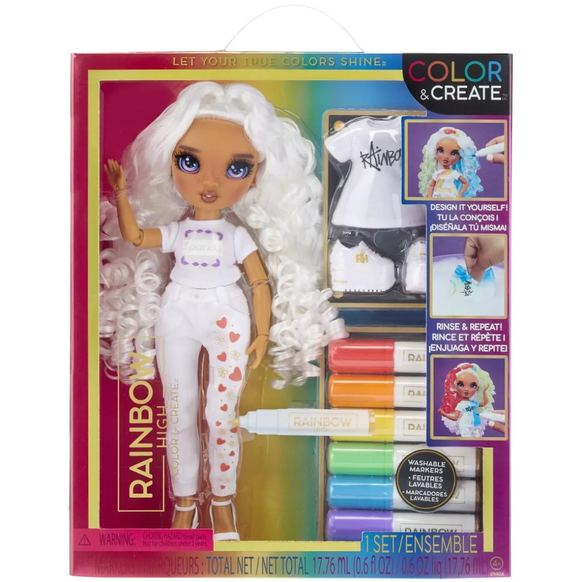 BABY born - Muñeca Fashion DIY colorear y crear - ojos morados, pelo rizado, top y zapatos extra, rotuladores arcoiris