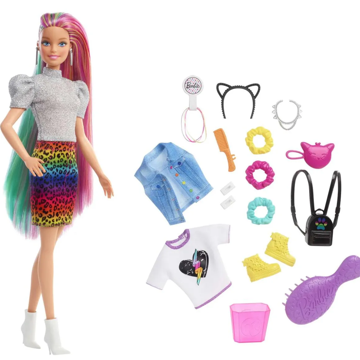 Barbie - Muñeca Pelo arcoíris y leopardo
