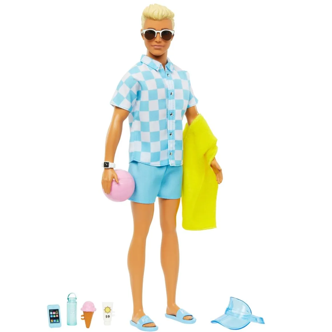 Barbie - Muñeco Ken en traje de baño con accesorios playa ㅤ