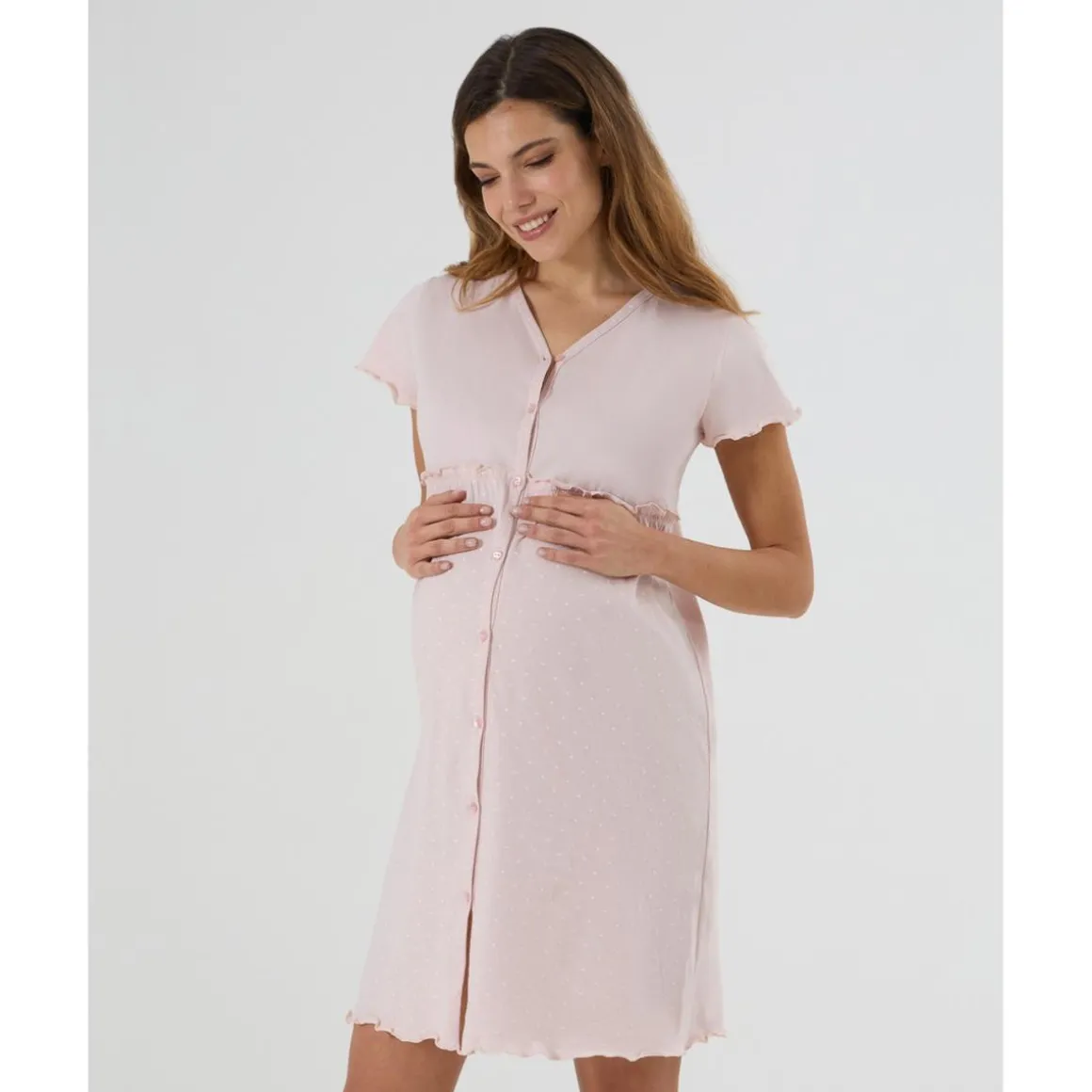 Camisa de noche premamá rosa con lunares blancos