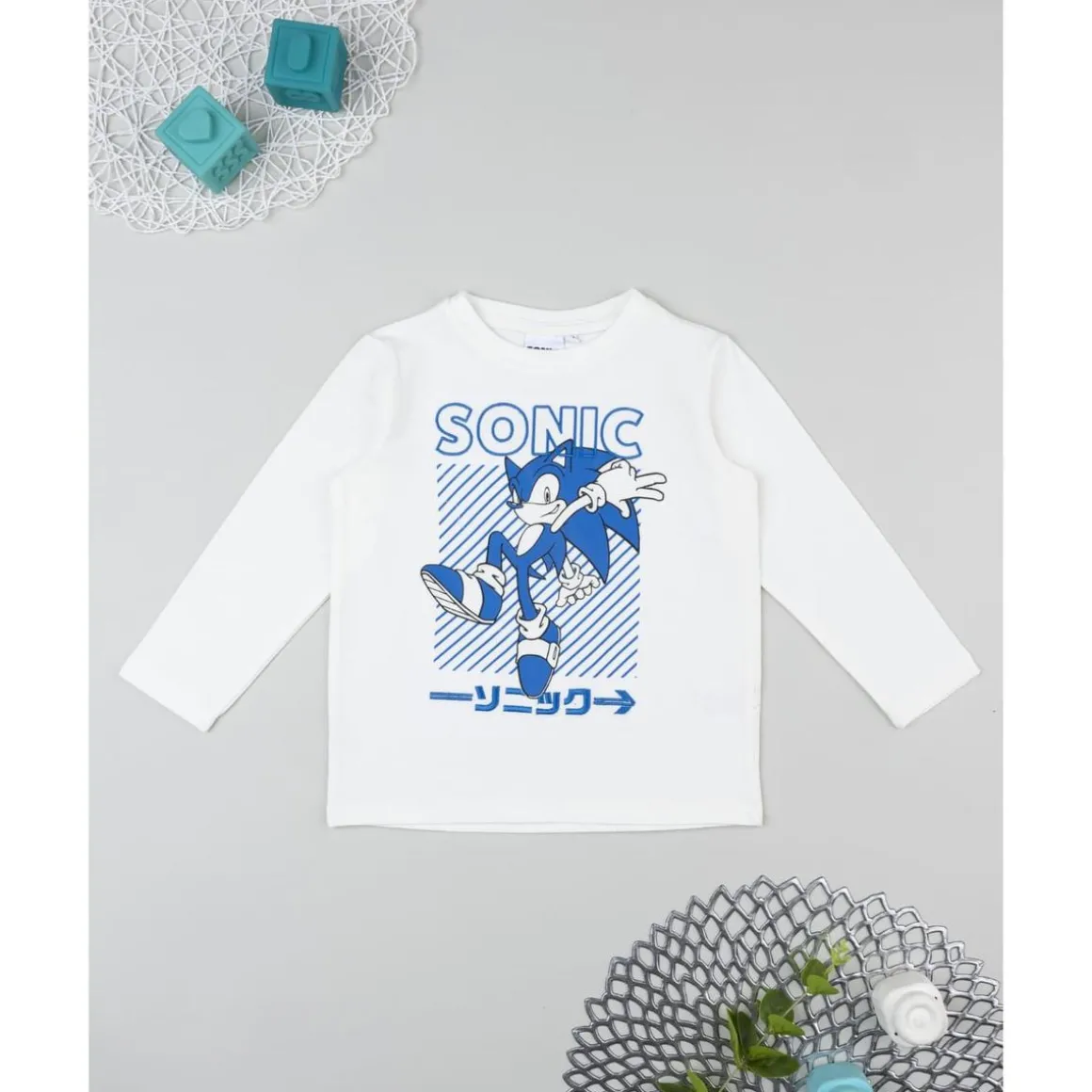 Camiseta blanca de manga larga para niño con estampado de Sonic