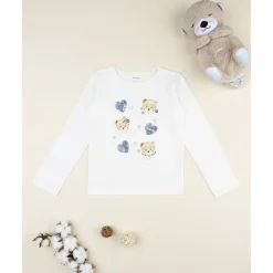 Camiseta de niña blanca con estampado de corazones y ositos