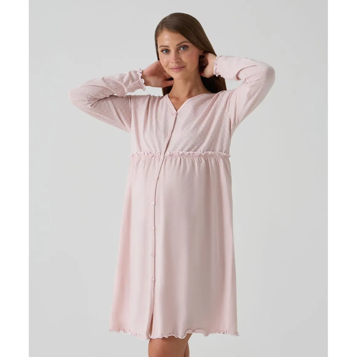 Camisón premamá rosa con volantes y lunares para embarazo y lactancia