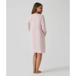 Camisón premamá rosa con volantes y lunares para embarazo y lactancia