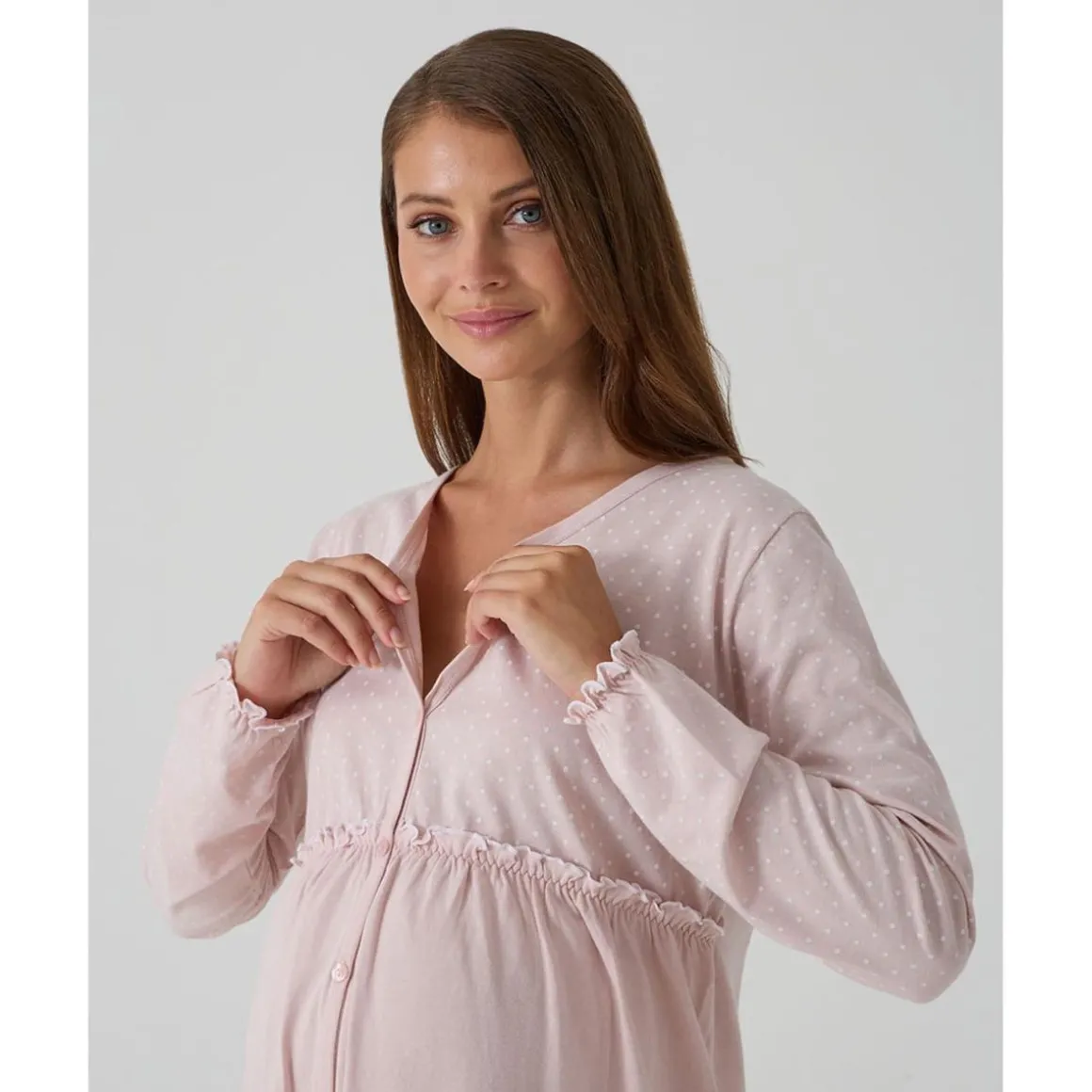 Camisón premamá rosa con volantes y lunares para embarazo y lactancia