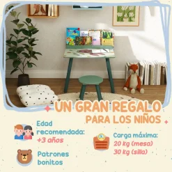 Conjunto de mesa y silla con estante integrado Verde