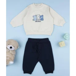 Conjunto jogging bebé beige y azul con ositos