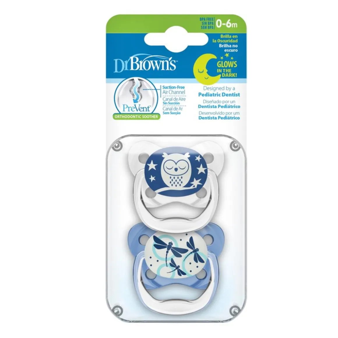 Dr. Brown's - 2 Chupetes Prevent Nocturno 0-6M Azul