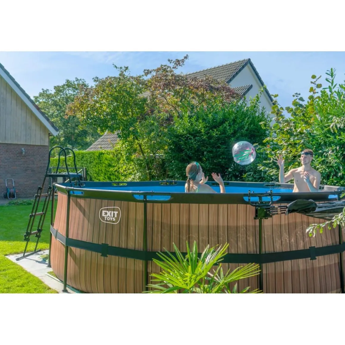 Exit - Piscina Wood efecto madera diámetro 450 x 122 cm con filtro de arena