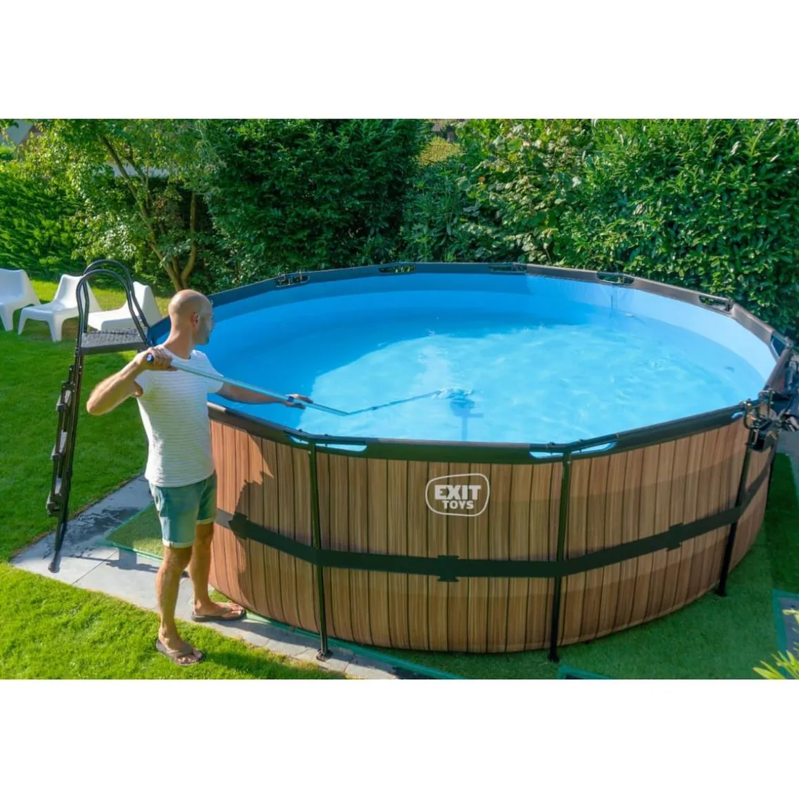 Exit - Piscina Wood efecto madera diámetro 450 x 122 cm con filtro de arena