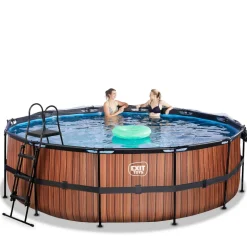 Exit - Piscina Wood efecto madera diámetro 450 x 122 cm con filtro de arena y cúpula