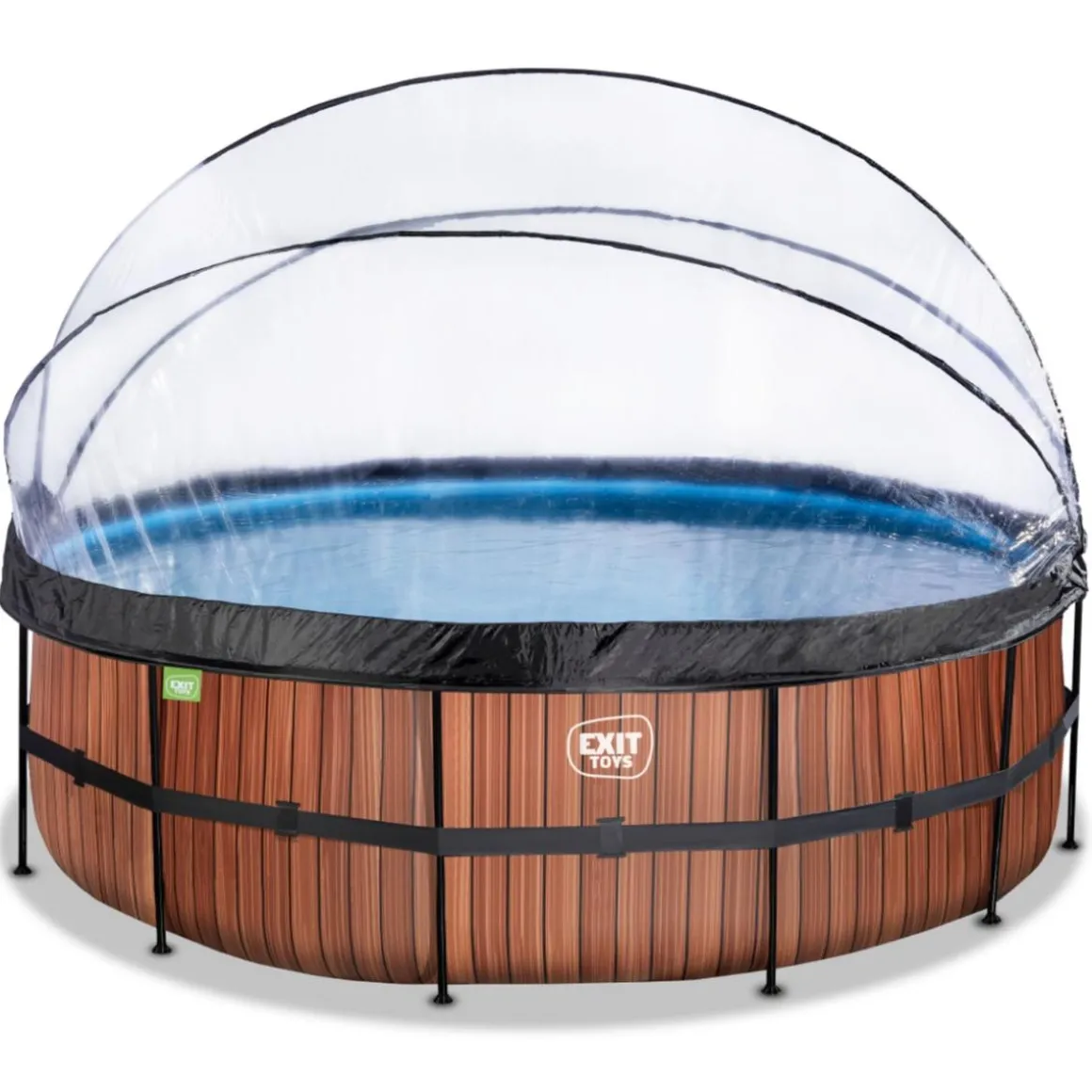 Exit - Piscina Wood efecto madera diámetro 450 x 122 cm con filtro de arena, cúpula y bomba de calor