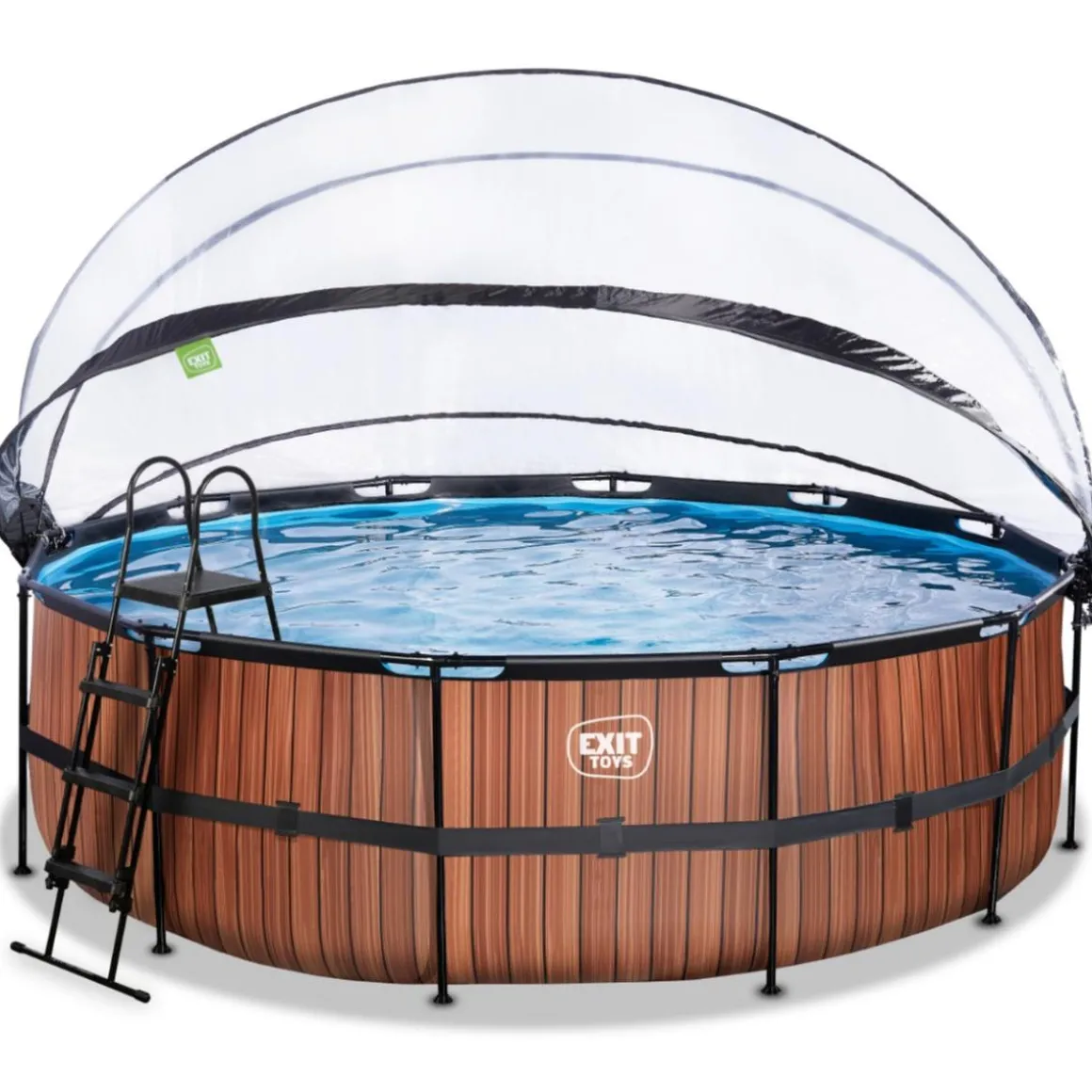 Exit - Piscina Wood efecto madera diámetro 450 x 122 cm con filtro de arena, cúpula y bomba de calor