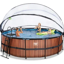 Exit - Piscina Wood efecto madera diámetro 450 x 122 cm con filtro de arena, cúpula y bomba de calor