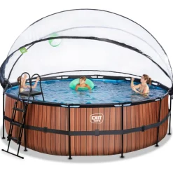 Exit - Piscina Wood efecto madera diámetro 450 x 122 cm con filtro de arena, cúpula y bomba de calor