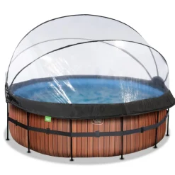 Exit - Piscina Wood efecto madera diámetro 427 x 122 cm con filtro de arena, cúpula y bomba de calor