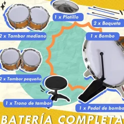 Homcom - Batería infantil 6 piezas con taburete Dorado