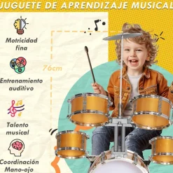 Homcom - Batería infantil 6 piezas con taburete Dorado
