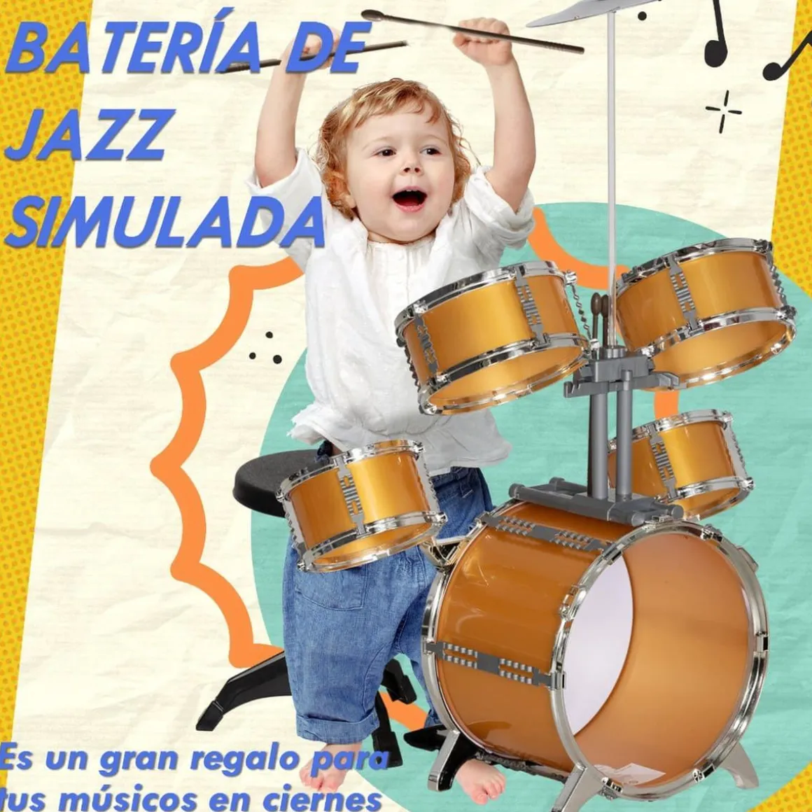 Homcom - Batería infantil 6 piezas con taburete Dorado