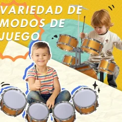 Homcom - Batería infantil 6 piezas con taburete Dorado