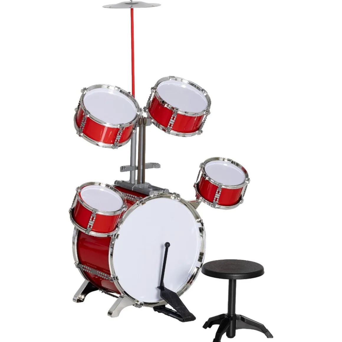 Homcom - Batería infantil 6 piezas con taburete Rojo