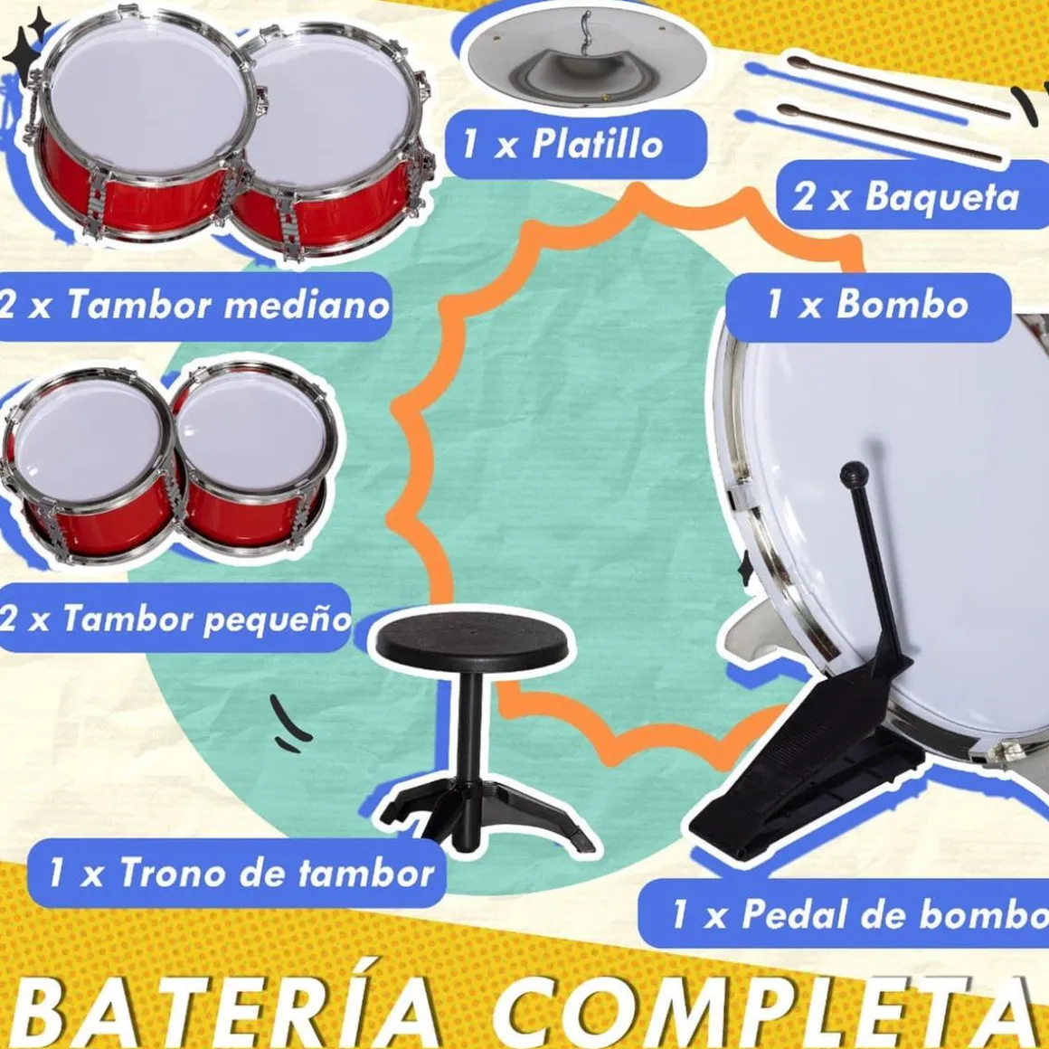 Homcom - Batería infantil 6 piezas con taburete Rojo