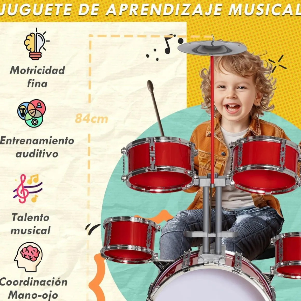 Homcom - Batería infantil 6 piezas con taburete Rojo