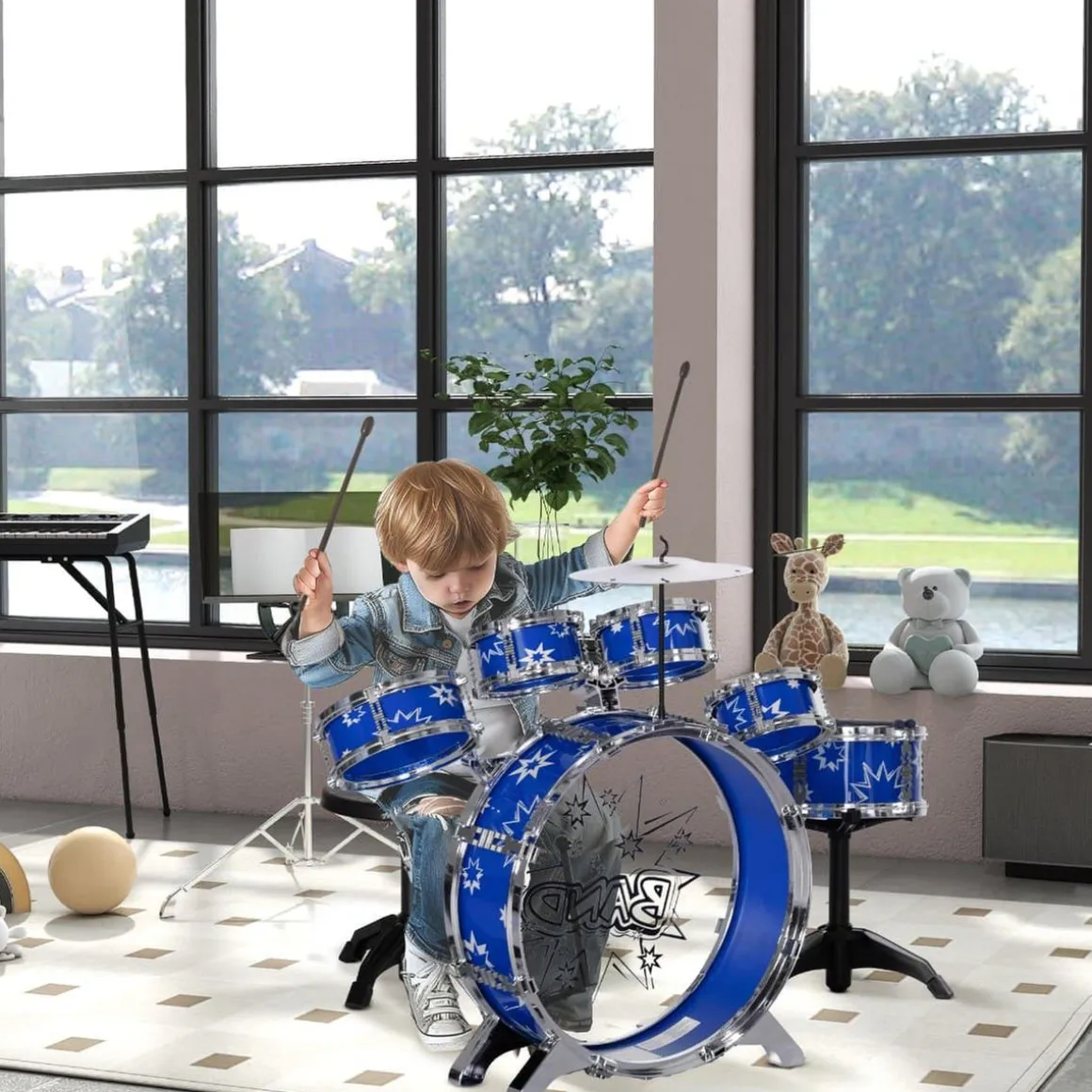 Homcom - Batería infantil 7 piezas con taburete Azul
