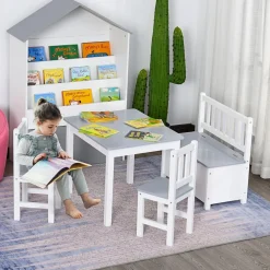 Homcom - Conjunto Infantil Mesa + Banco + 2 sillas madera