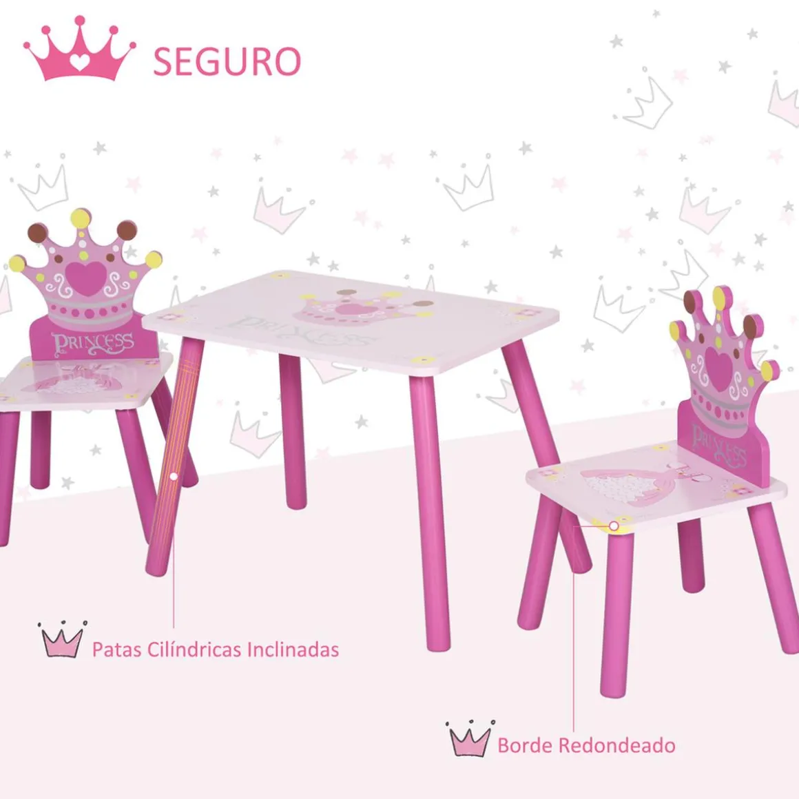 Homcom - Conjunto Mesa + 2 Sillas infantiles Madera Princess
