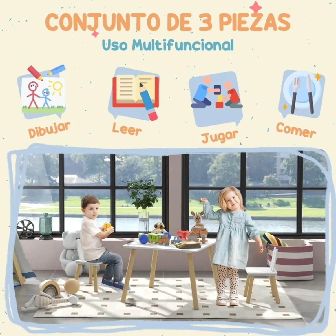 Homcom - Conjunto Mesa + 2 sillas Madera