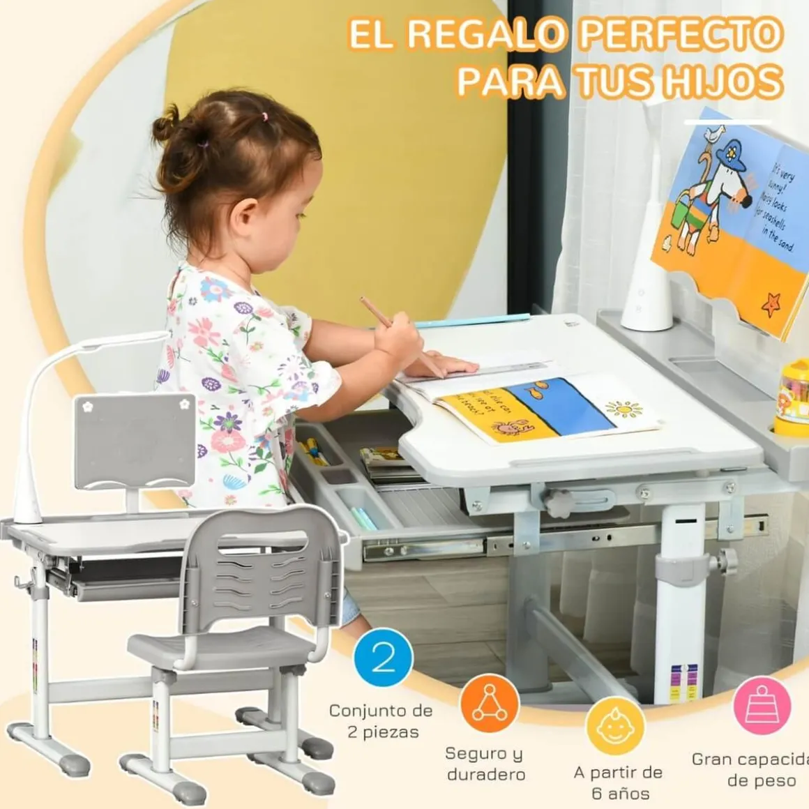 Homcom - Conjunto Pupitre reclinable + Silla Gris con lámpara