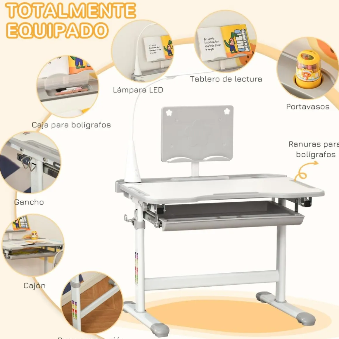 Homcom - Conjunto Pupitre reclinable + Silla Gris con lámpara
