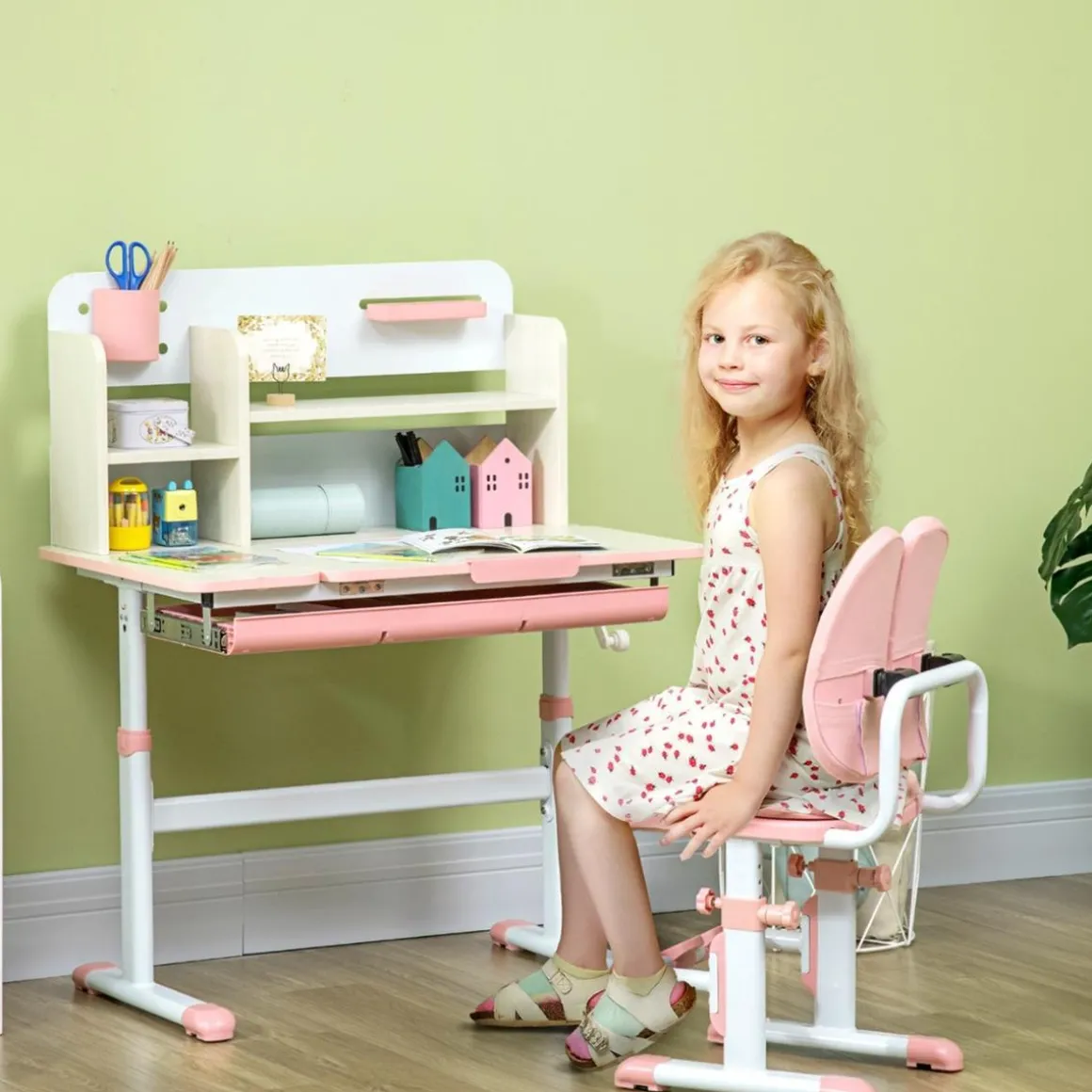 Homcom - Escritorio con estante y silla ajustable Rosa y Blanco