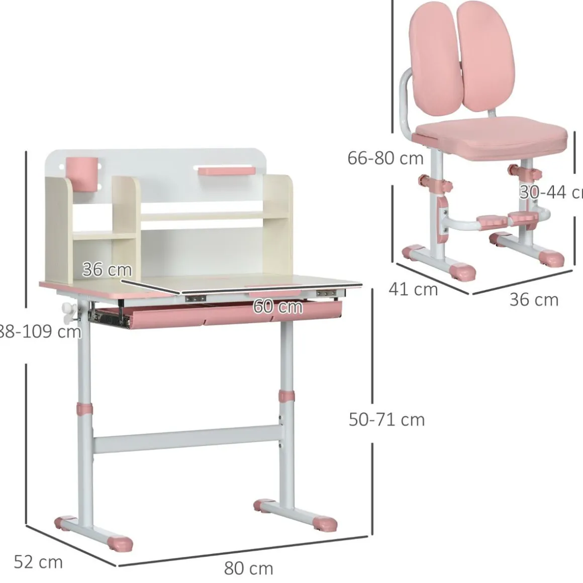 Homcom - Escritorio con estante y silla ajustable Rosa y Blanco