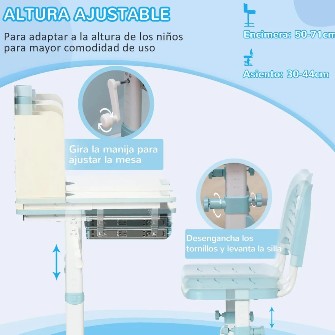 Homcom - Escritorio con estante y silla ajustable Blanco y Azul