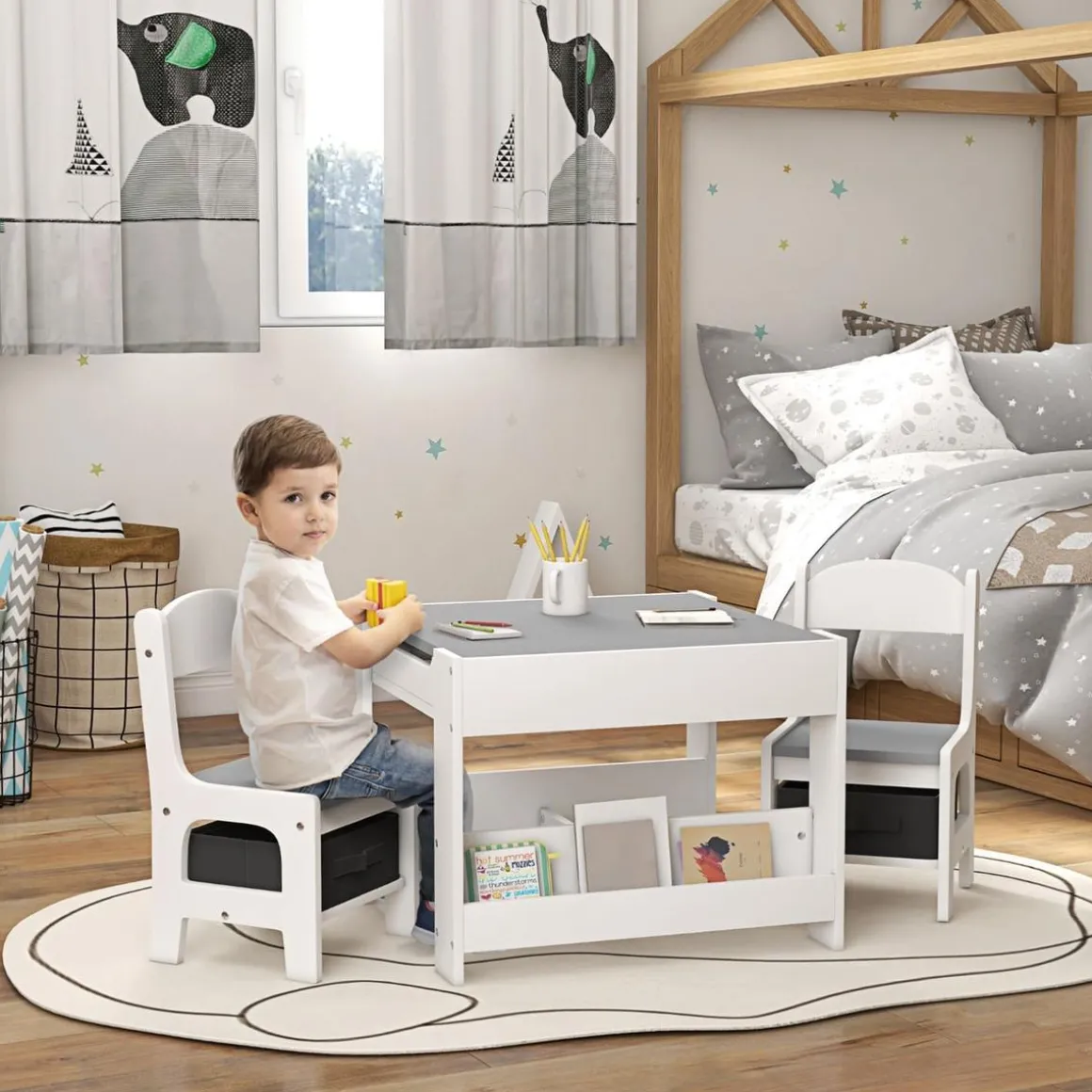 Homcom - Mesa + 2 sillas infantiles Blanco