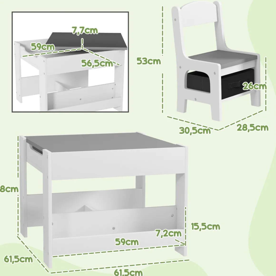 Homcom - Mesa + 2 sillas infantiles Blanco