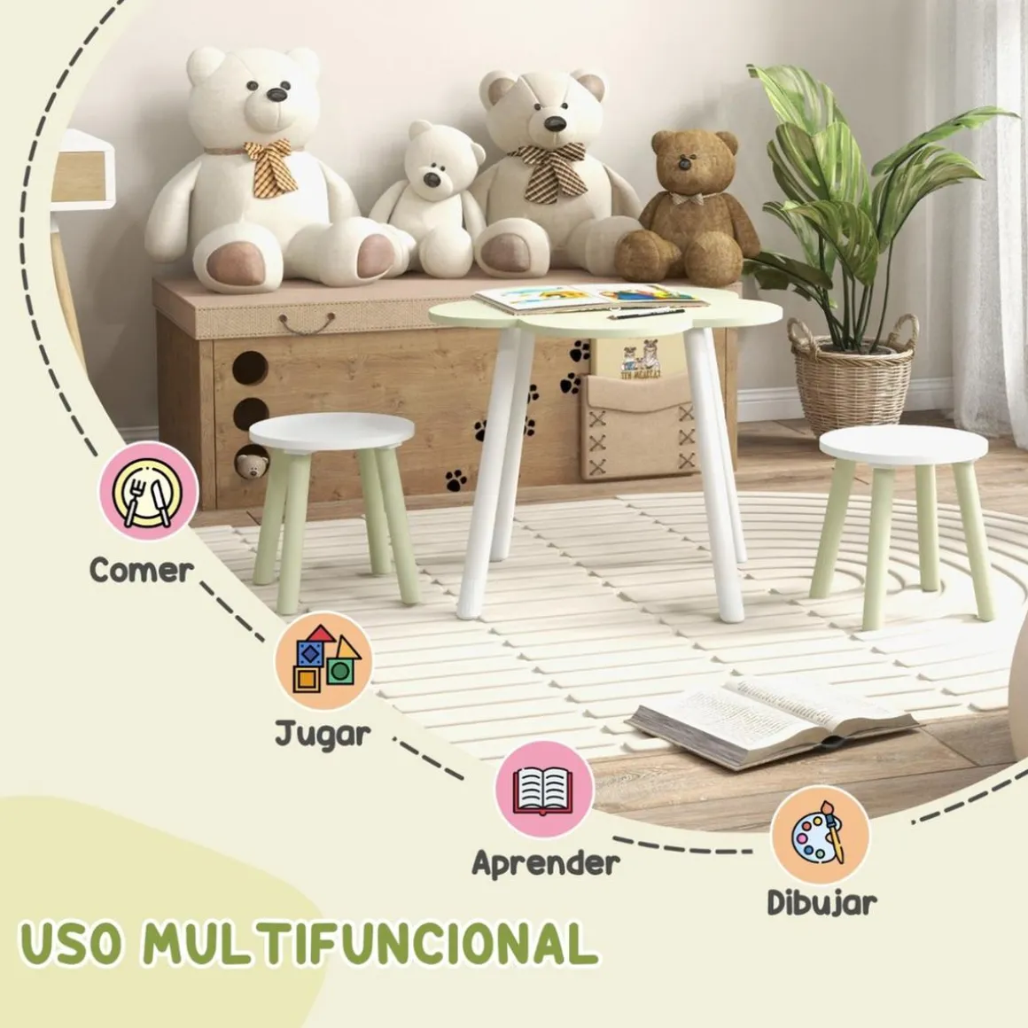 Homcom - Mesa Flor y bancos Verde y Blanco