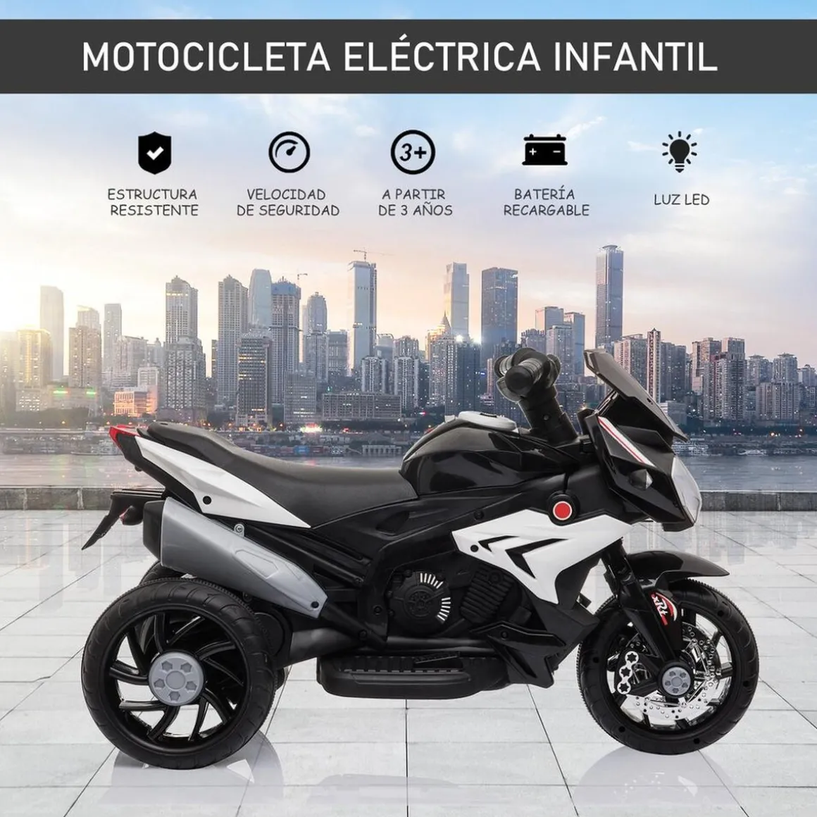 Homcom - Moto eléctrica batería 3 ruedas Trimoto Negro y Blanco