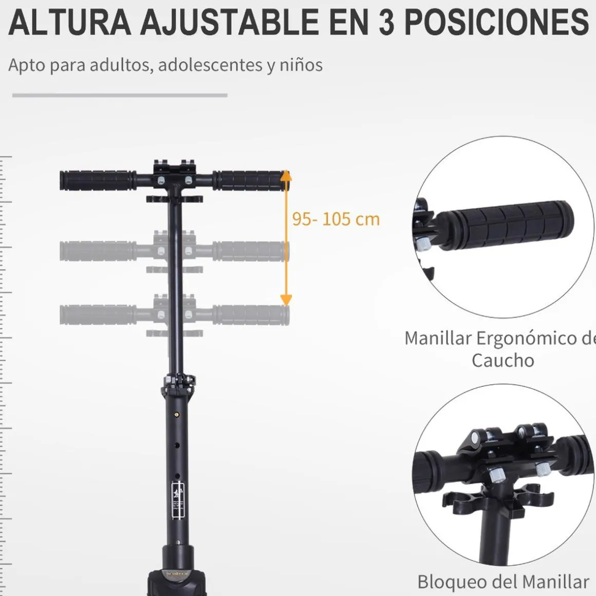 Homcom - Patinete Scooter Ajustable 2 ruedas Grande Negro