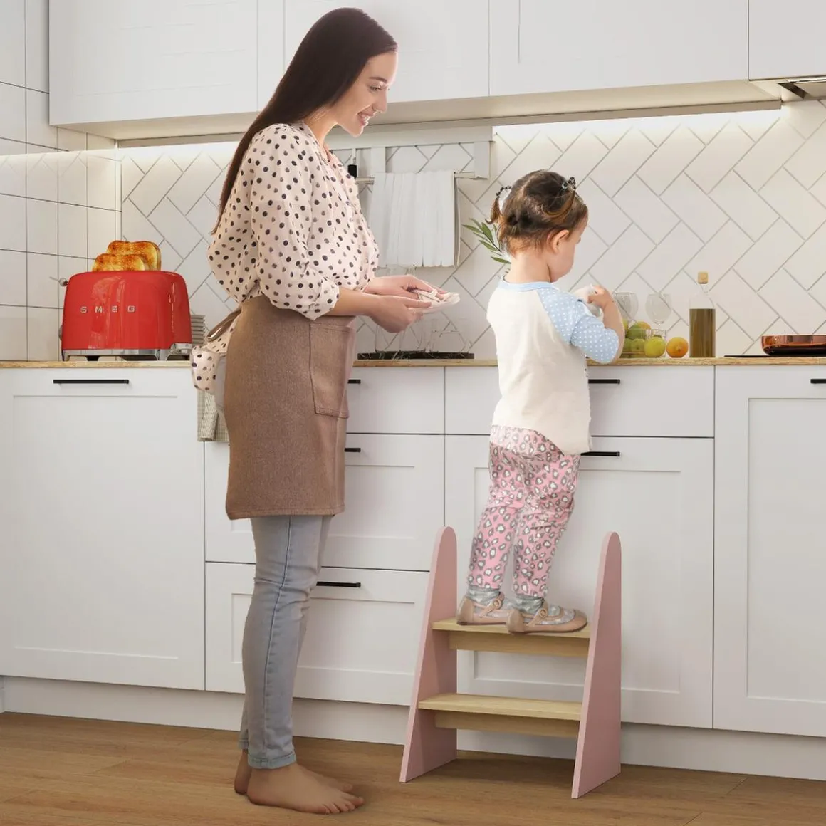 Homcom - Taburete Escalera infantil madera Rosa