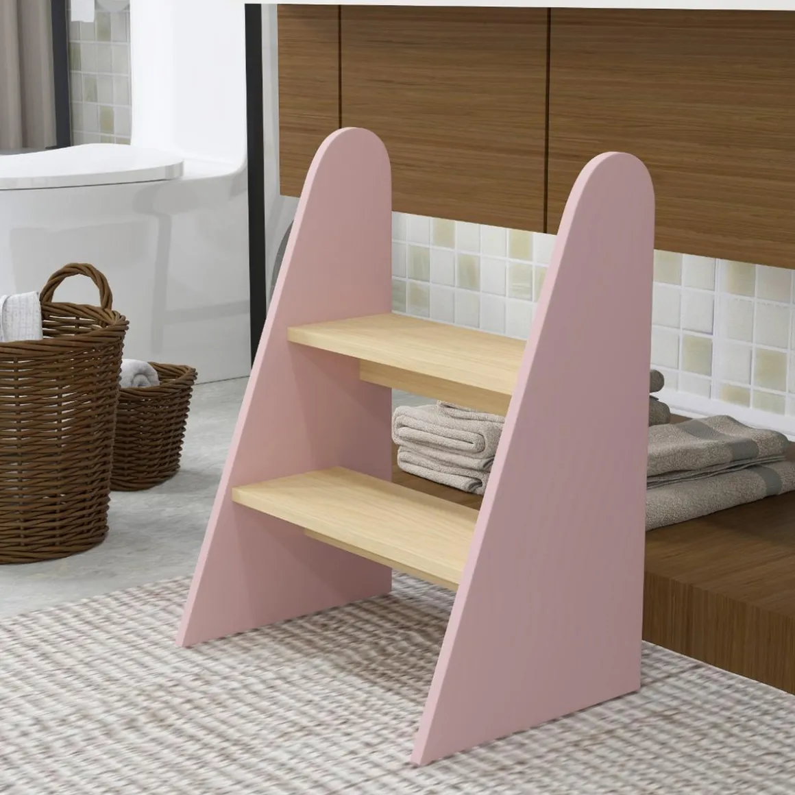 Homcom - Taburete Escalera infantil madera Rosa
