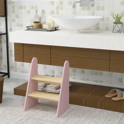 Homcom - Taburete Escalera infantil madera Rosa
