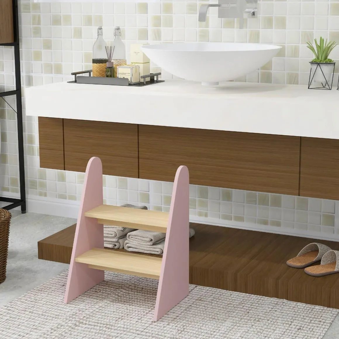 Homcom - Taburete Escalera infantil madera Rosa