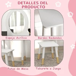 Homcom - Tocador básico con espejo y taburete madera Blanco