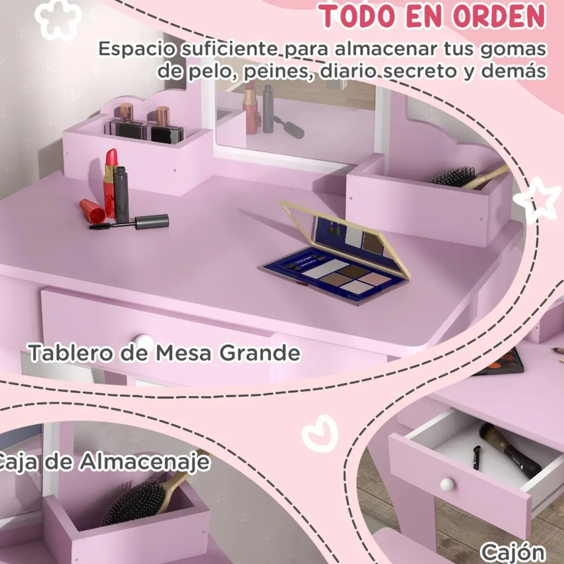 Homcom - Tocador infantil con espejo y taburete madera Rosa