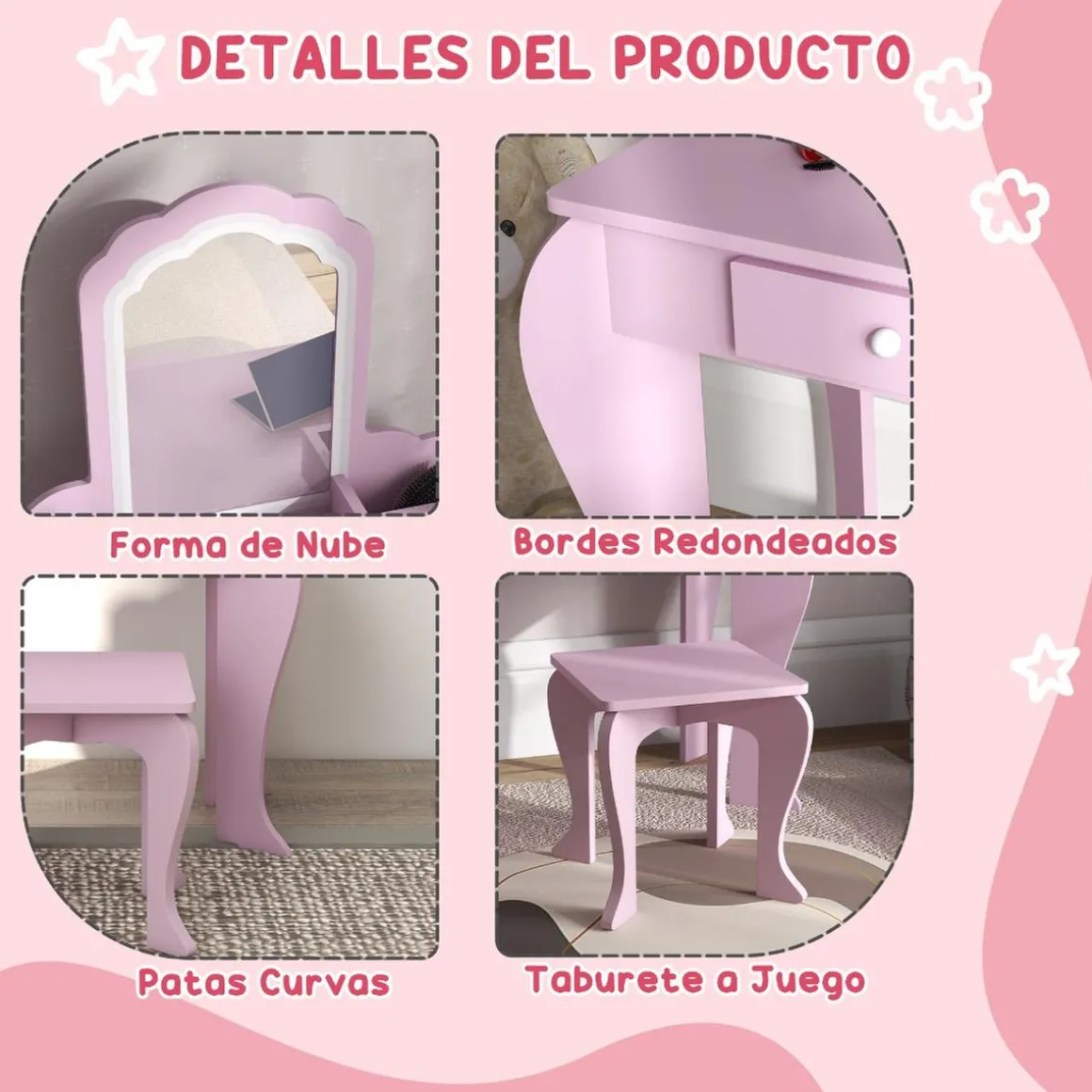 Homcom - Tocador infantil con espejo y taburete madera Rosa