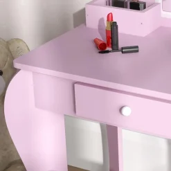 Homcom - Tocador infantil con espejo y taburete madera Rosa